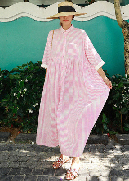 Grey Peter Pan Collar Striped Button Pockets Wrinkled Long Dresses Half Sleeve