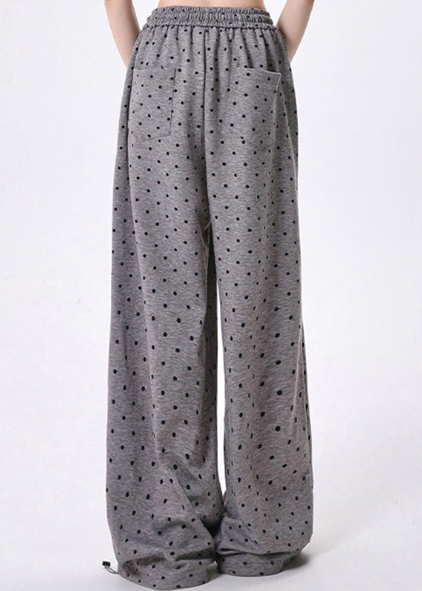 Grey Dot Bow Lace Patchwork Cotton Wide Leg Pants Spring