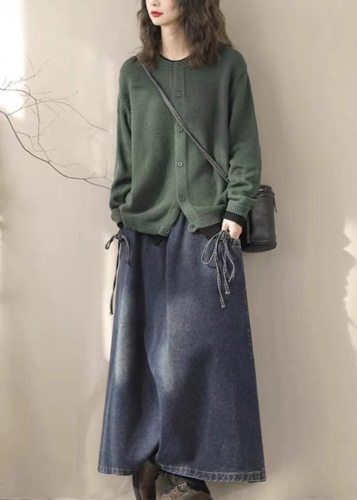 Blue Elastic Waist Lace Up Denim Skirt Spring