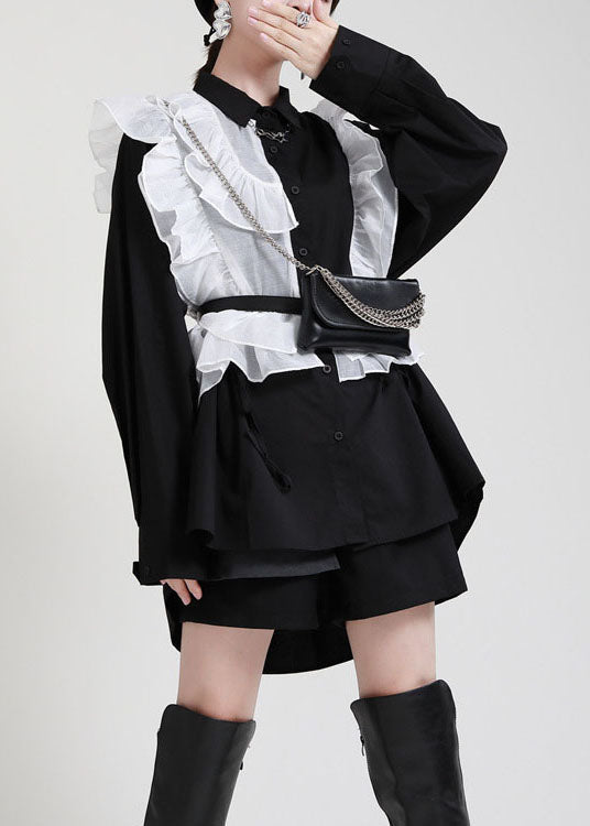 Stylish Black Peterpan Collar Button Ruffles Asymmetrical Design Fall Top Long Sleeve