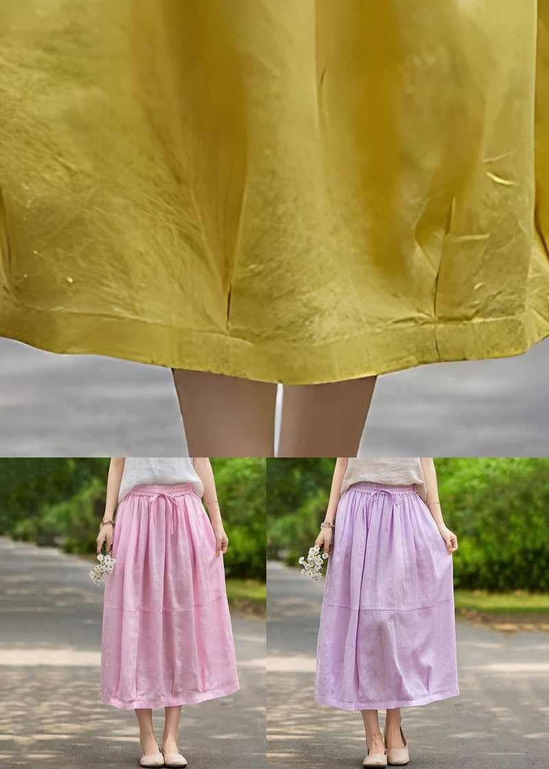 Pink Pockets Elastic Waist Linen Skirt Summer