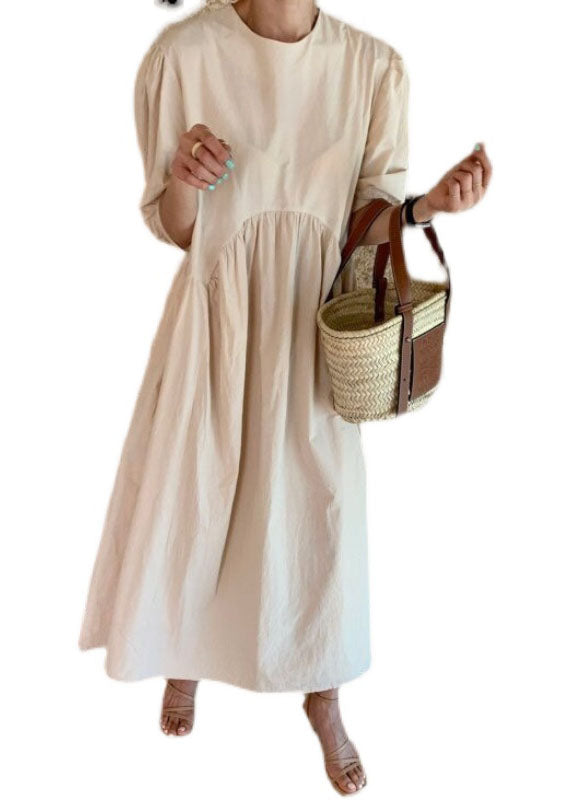 Khaki O Neck Wrinkled Patchwork Cotton Dresses Summer