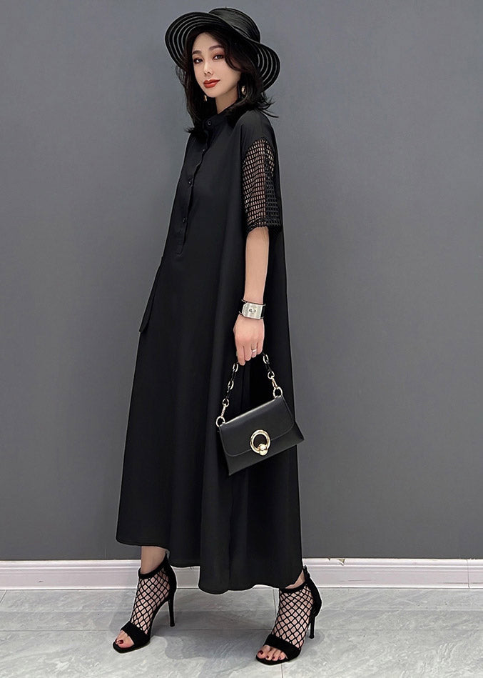 Boutique Black O-neck Button Pockets Side Open Dress Short Sleeve