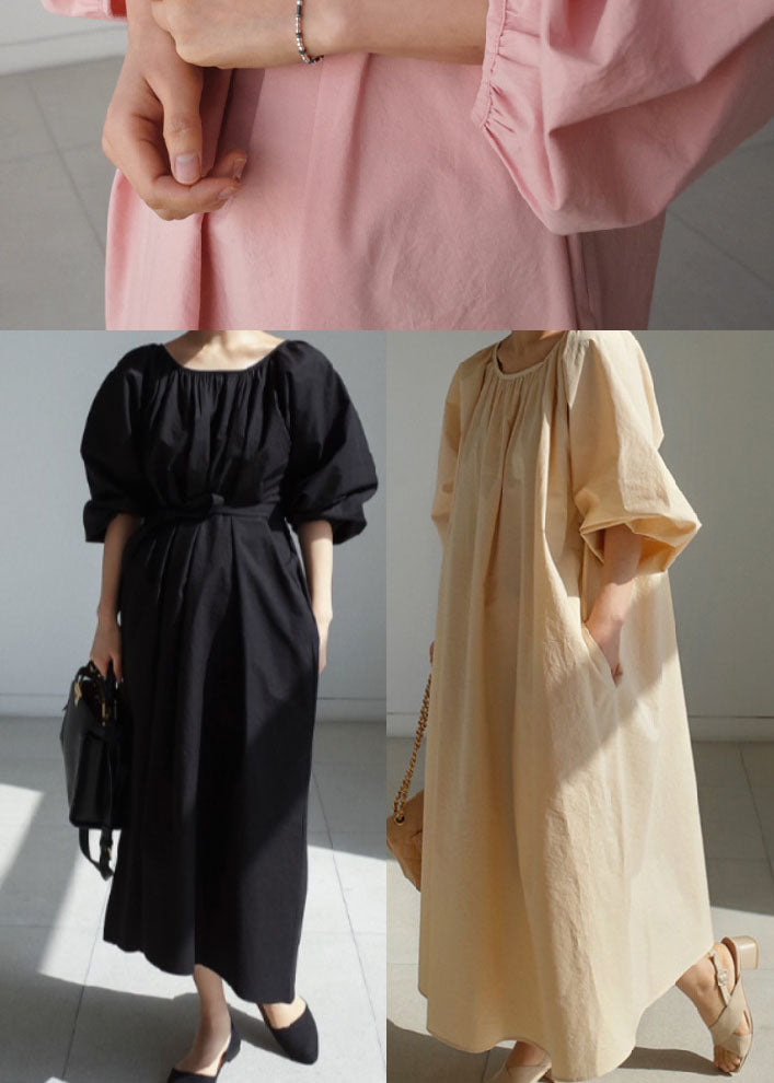 Pink O-neck Wrinkled Cotton Holiday Dress Spring