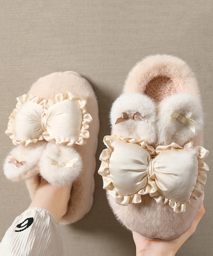 Khaki Slippers Shoes Splicing Bow Fuzzy Wool Lined