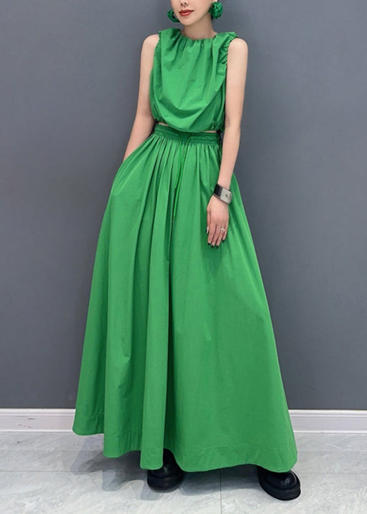French Green Patchwork Pockets Top and Maxi Skirts Two Pieces Set Summer