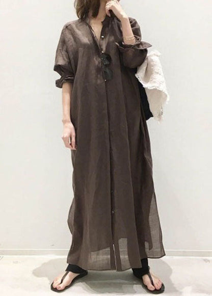 Coffee Stand Collar Cotton Shirts Dresses Long Sleeve