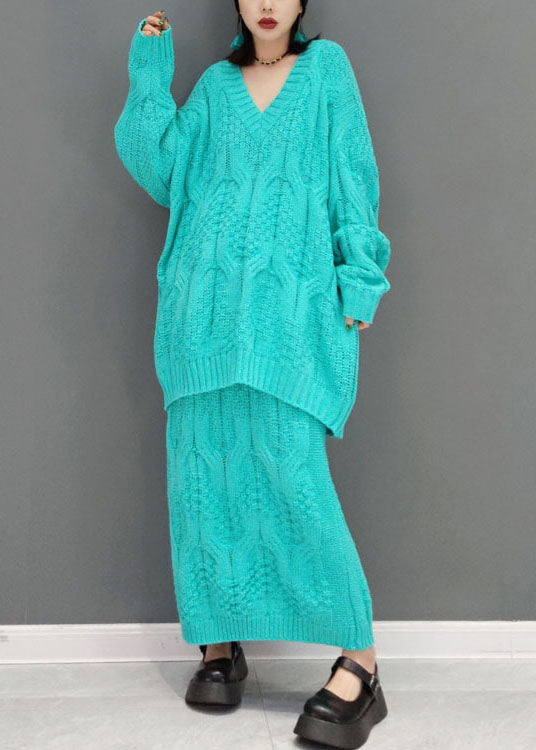 Unique Blue V Neck Cable Knit Tops a Line Skirts Two-piece Set Spring