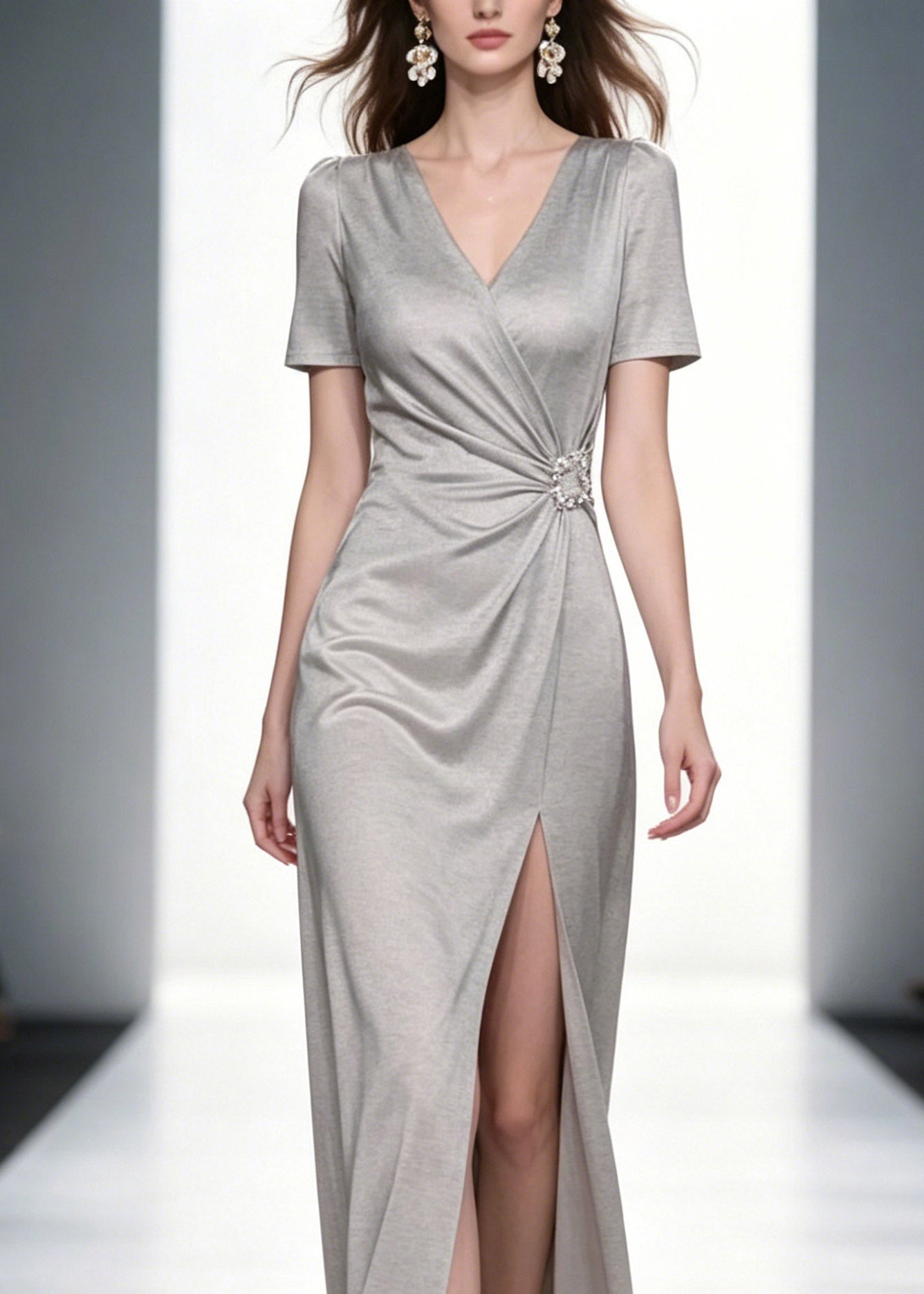 Natural Grey V Neck Wrinkled Long Dresses Summer