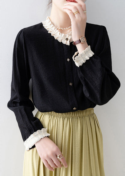 Black Oversized Patchwork Lace Blouses Spring