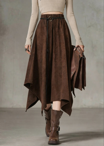 Coffee Elastic Waist Sashe Faux Suede a Line Skirts