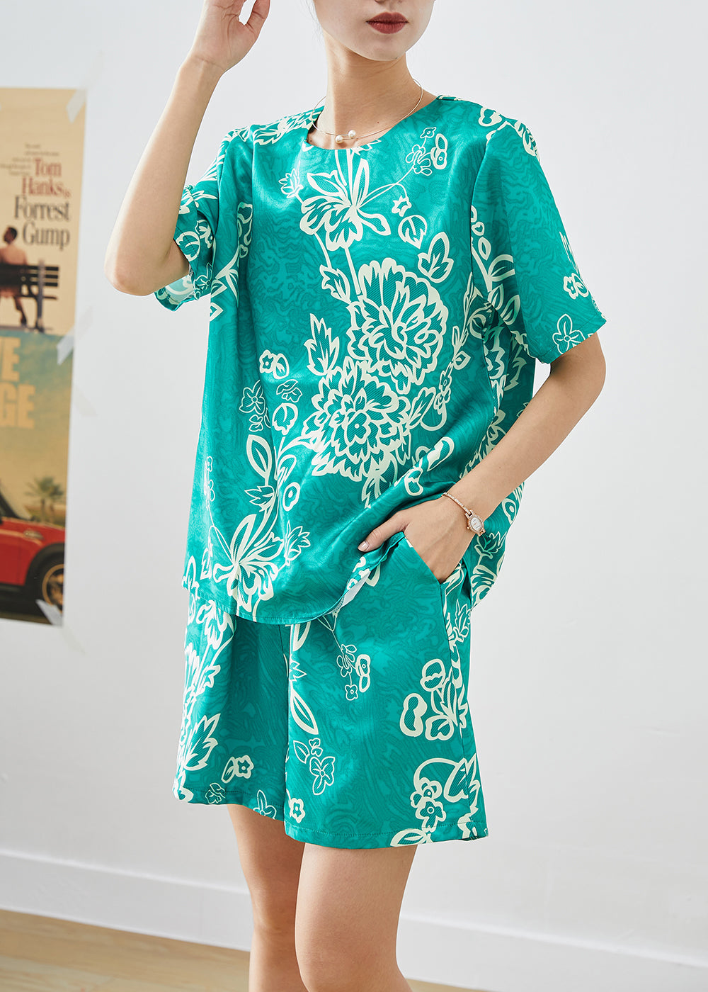 Art Green O-neck Oversized Print Silk Two Pieces Set Summer