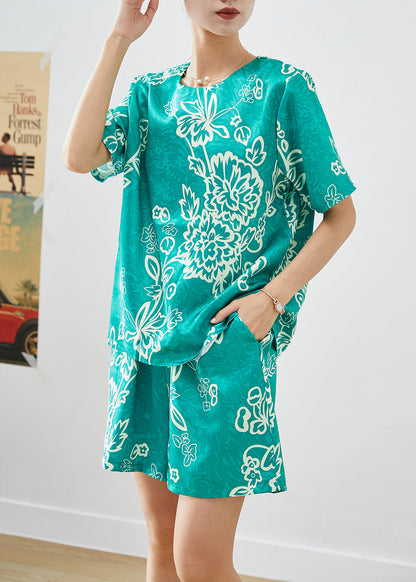 Art Green O-neck Oversized Print Silk Two Pieces Set Summer