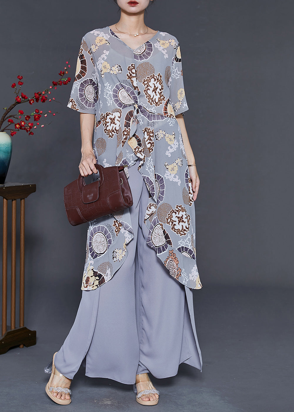 Handmade Grey Ruffled Print Chiffon Two Pieces Set Summer