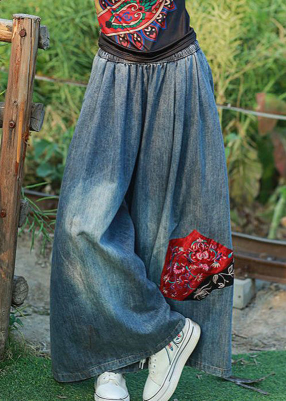 Blue Embroideried Pockets Elastic Waist Tie Waist Wide Leg Pants Summer