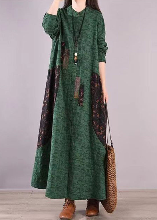 Green Stand Collar Print Patchwork Cotton Shirts Dresses Fall