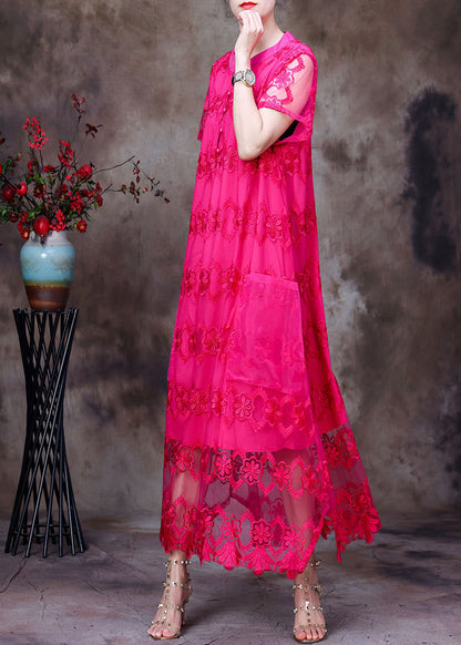 Rose Stand Collar Embroideried Hollow Out Tulle Vacation Long Dress Short Sleeve