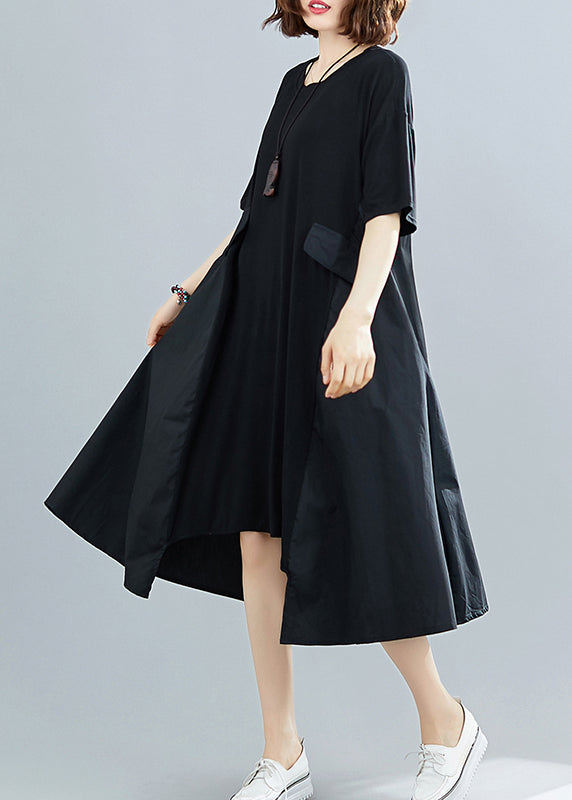 Simple Black O-neck Asymmetrical Patchwork Dresses Short Sleeve
