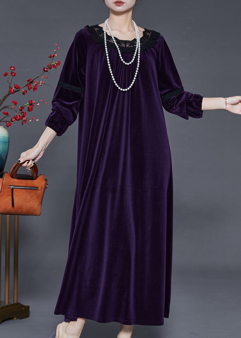 Dull Purple Patchwork Silk Velour Long Dress Oversized Fall