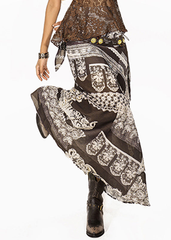 Boutique Coffee Print Patchwork a Line Skirt Summer