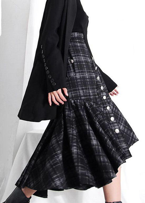 Dark Grey Button Ruffles Plaid Skirt Spring