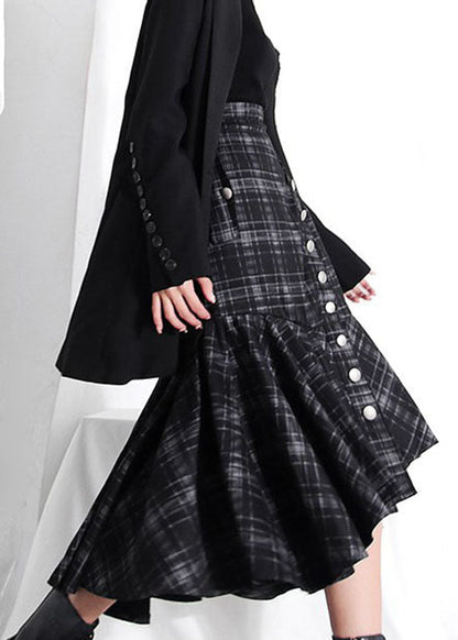Dark Grey Button Ruffles Plaid Skirt Spring