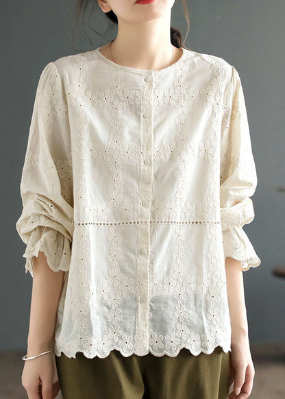 Diy White O Neck Patchwork Embroideried Cotton Blouses Spring