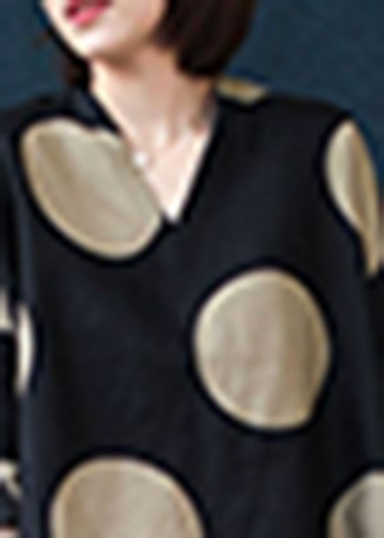 Modern Black V Neck Dot Print Linen Tops Spring
