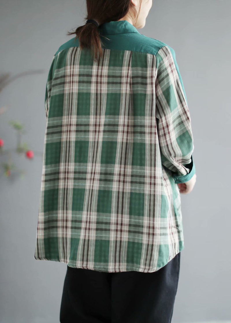 French Green Plaid Patchwork Peterpan Collar Pockets Fall Long Sleeve Tops