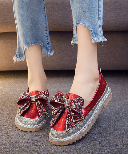 Red Bow Zircon Splicing Penny Loafers