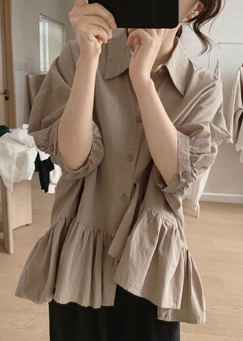 Khaki Peter Pan Collar Asymmetrical Wrinkled Cotton Shirt Summer