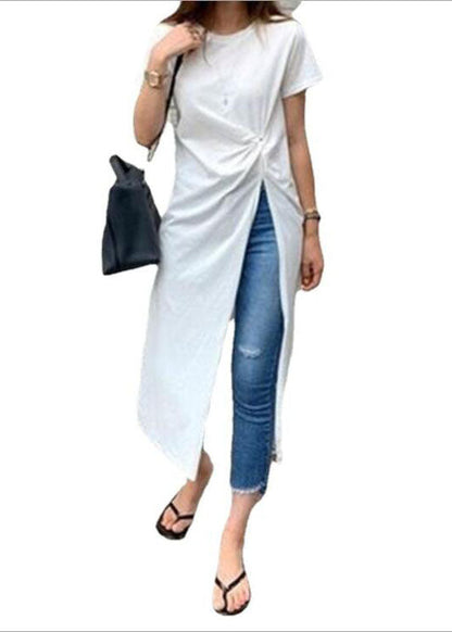 Natural White Asymmetrical Side Open Wrinkled Cotton Long Tops Summer