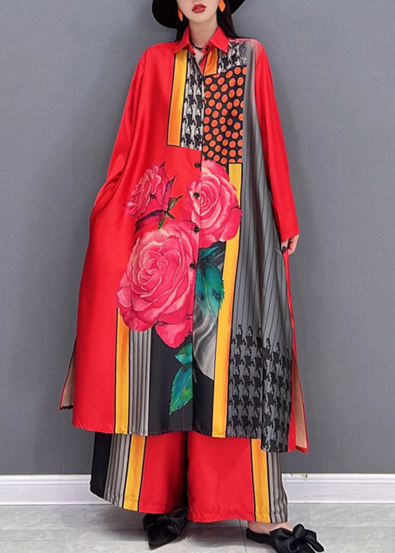 Red Peter Pan Collar Side Open Print Chiffon Long Shirt and Wide Leg Pants Two Piece Long Sleeve