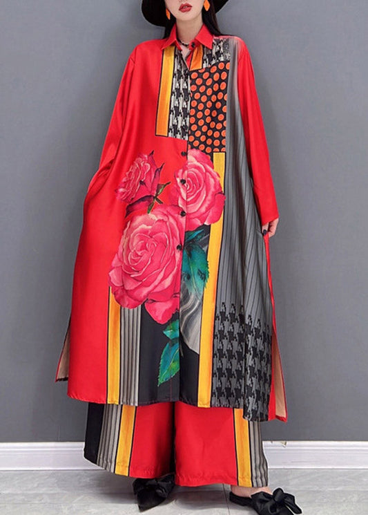 Red Peter Pan Collar Side Open Print Chiffon Long Shirt and Wide Leg Pants Two Piece Long Sleeve