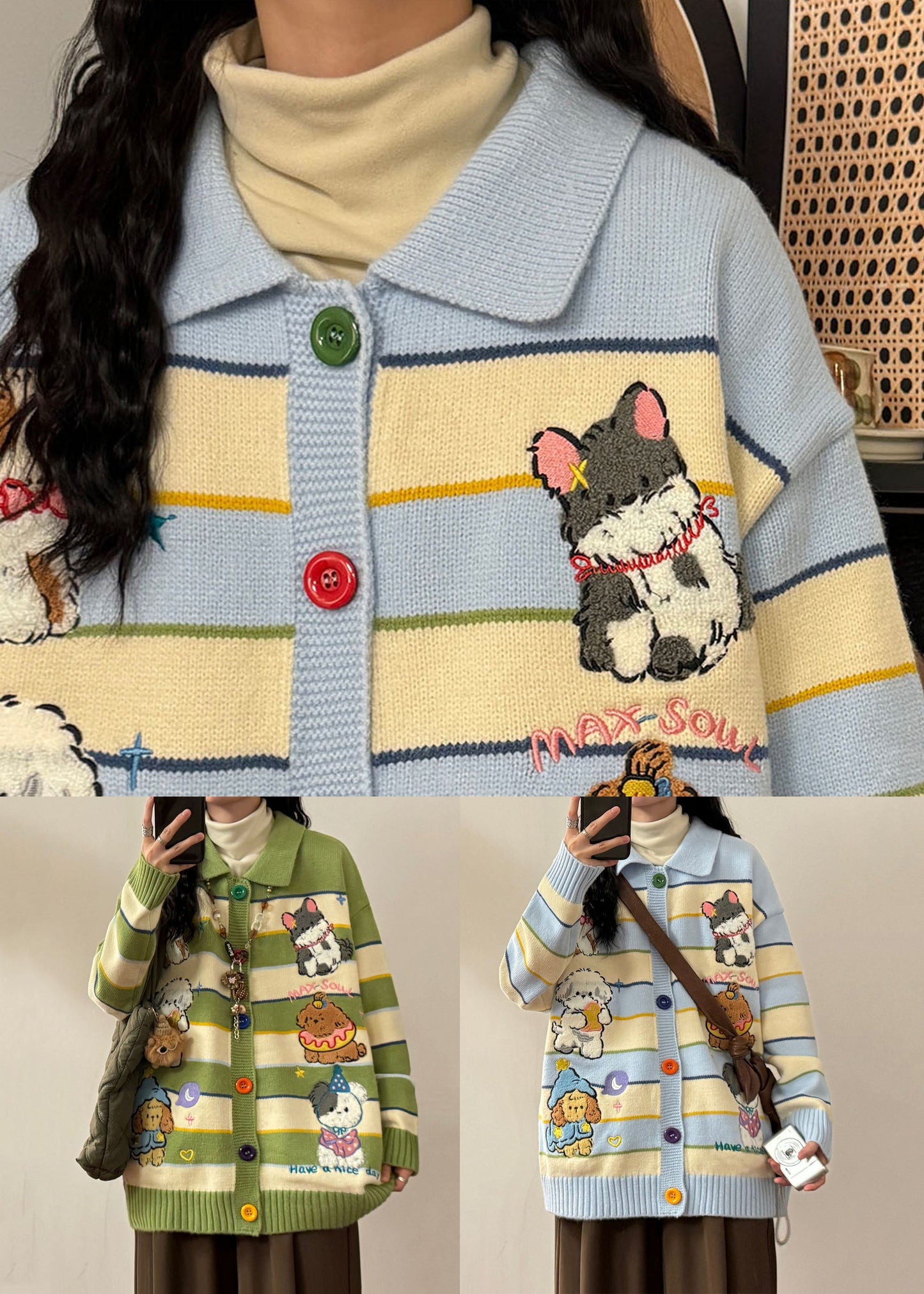 Green Embroidered Striped Knit Coats Spring