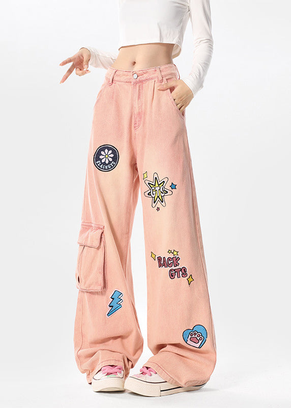 Italian Pink Embroideried Pockets Denim Wide Leg Pants Spring