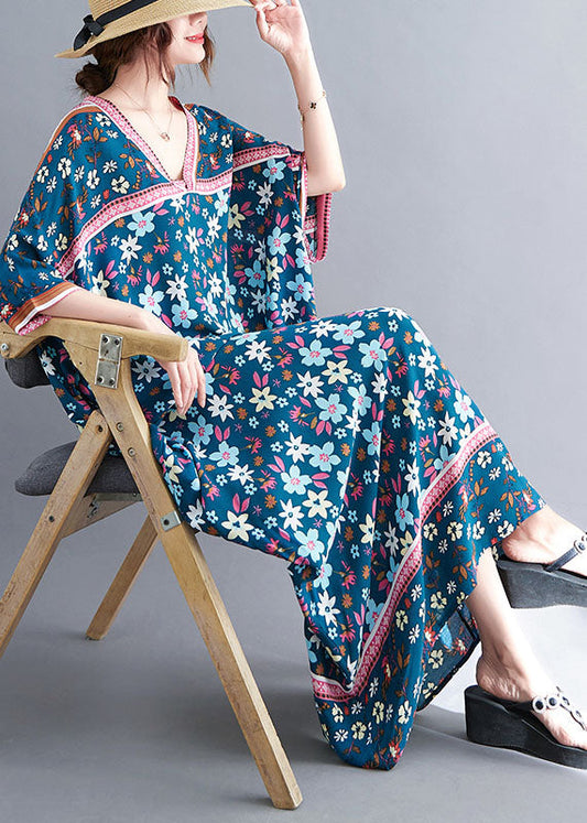 Navy V Neck Print Oversized Cotton Long Dress Gown Short Sleeve