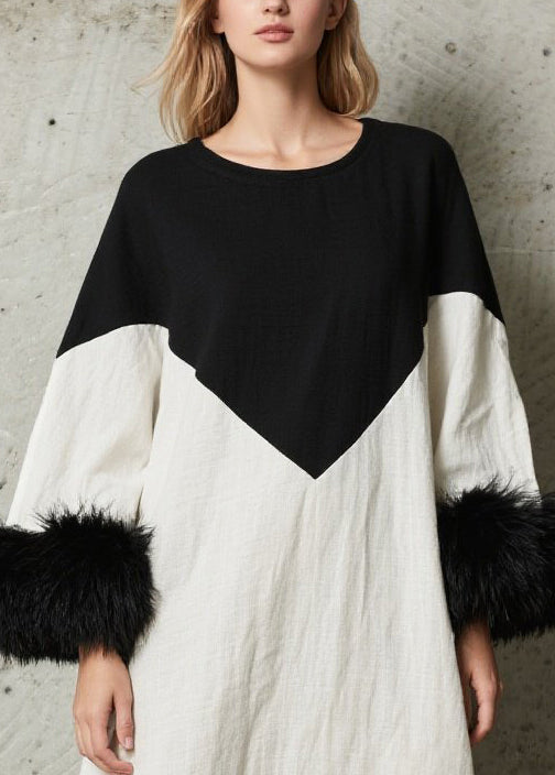 Unique White Black Patchwork Faux Fur Cotton a Line Dress Fall