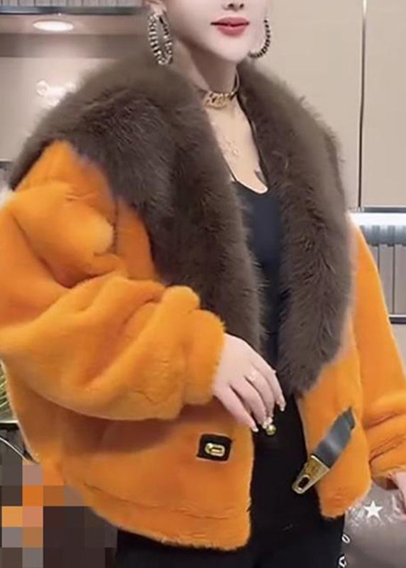 Orange Fur Collar Leather and Fur Coats Winter