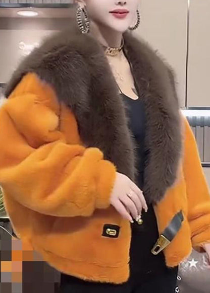 Orange Fur Collar Leather and Fur Coats Winter