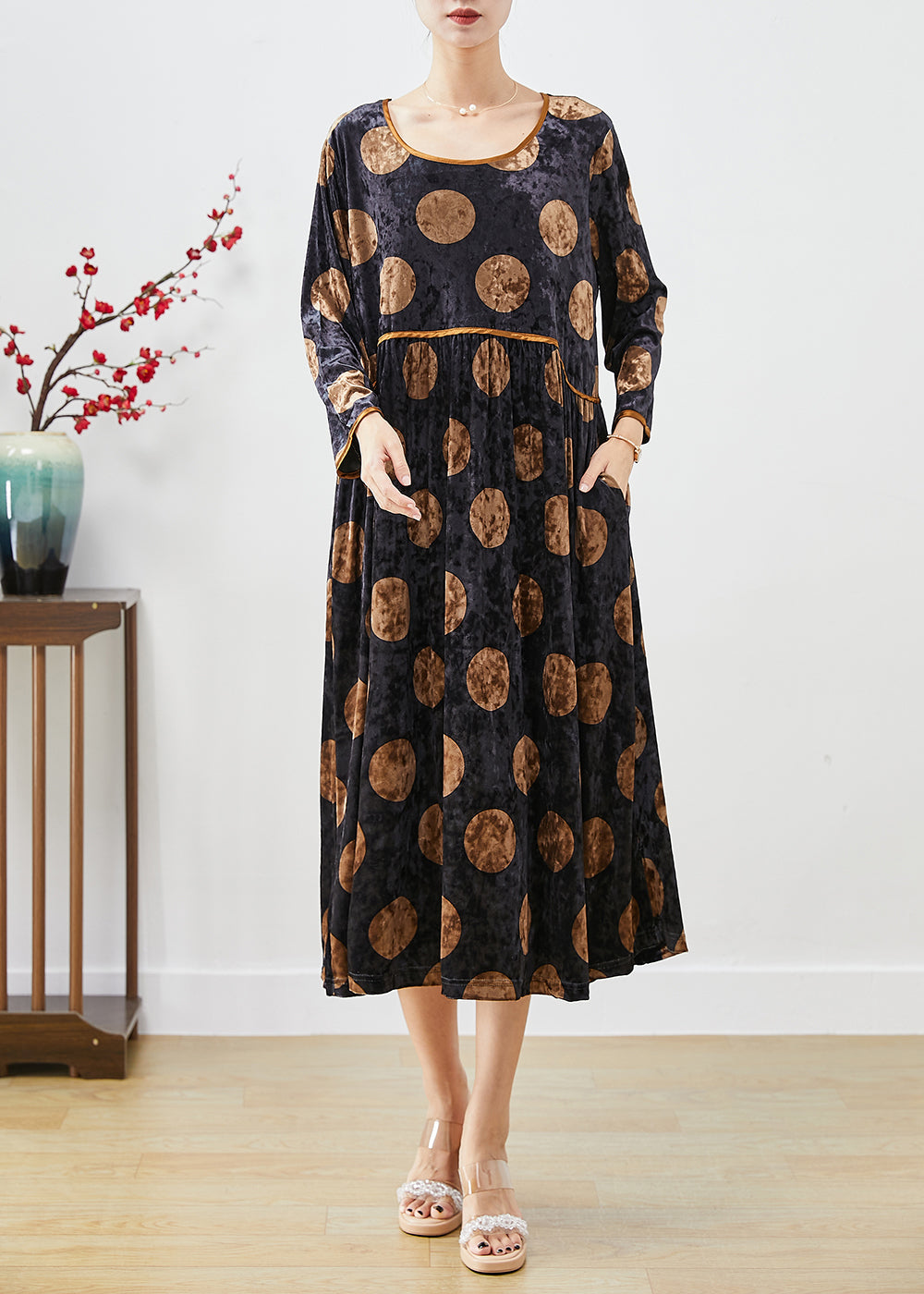 Black Oversized Print Silk Velour Long Dress Fall