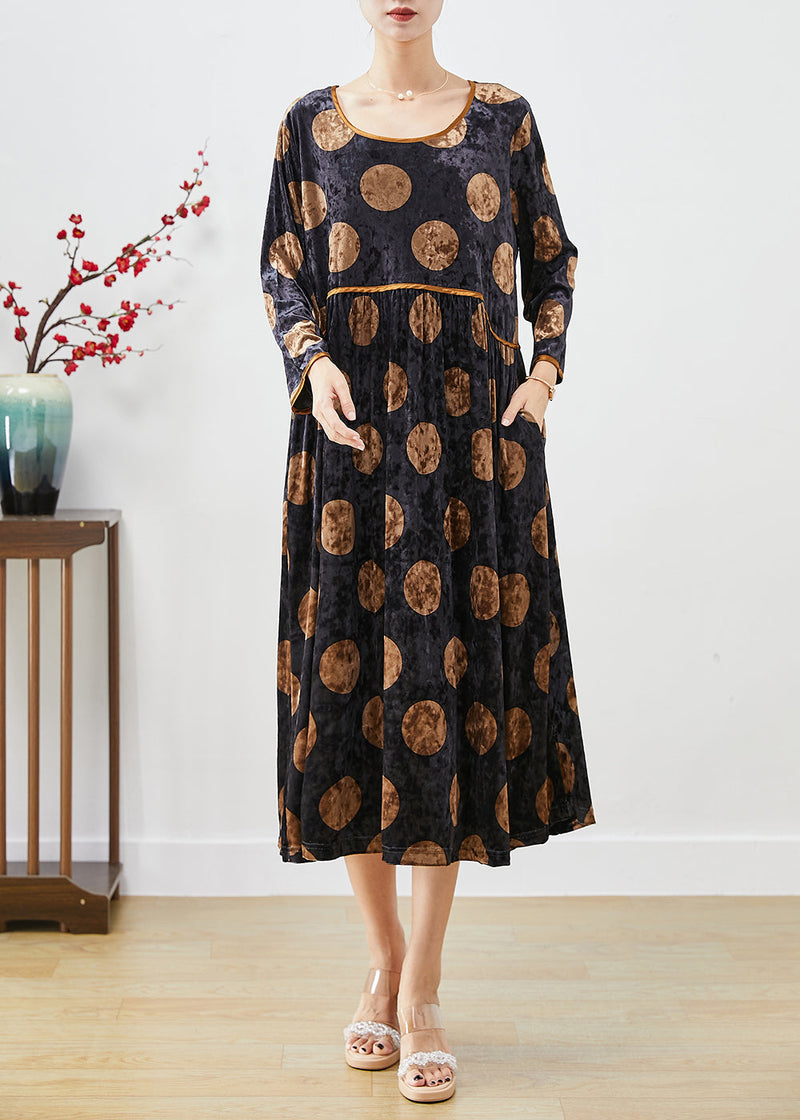 Black Oversized Print Silk Velour Long Dress Fall
