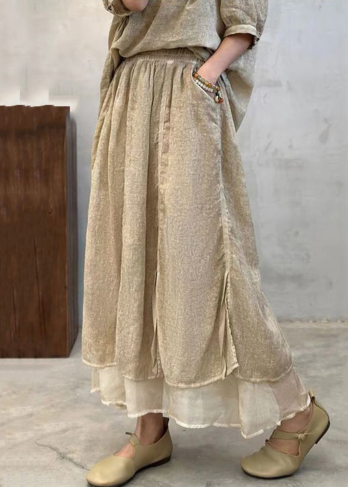Apricot Side Open Cotton a Line Skirts Elastic Waist