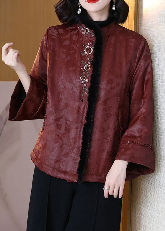 Rust Embroidered Mink Hair Patchwork Cotton Filled Coats Winter