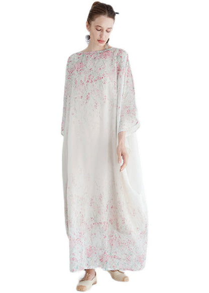 White O Neck Print Cotton Robe Dresses Summer
