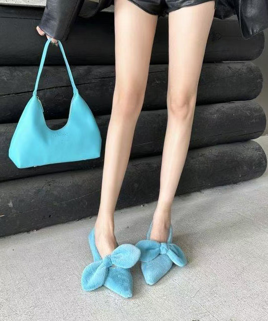 Rose Fuzzy Fur Bow Splicing High Heels Pointed Toe