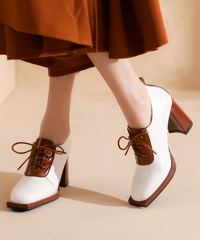 Lace Up Splicing Chunky High Heels Beige Cowhide Leather