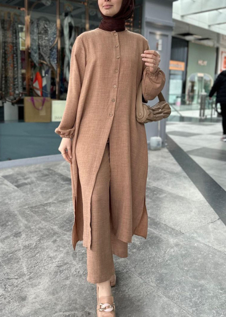 Khaki Button Cotton Two Pieces Set Long Sleeve
