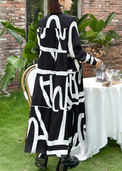 Loose Black Button Patchwork Print Fall Long Sleeve Long Dresses
