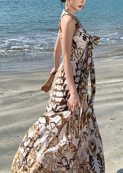 Brown Print Chiffon Beach Sundress Summer